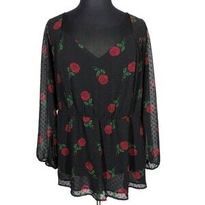 Torrid Black Floral Rose Print Clip Dot Puff Sleeve Blouse Plus 6X-30